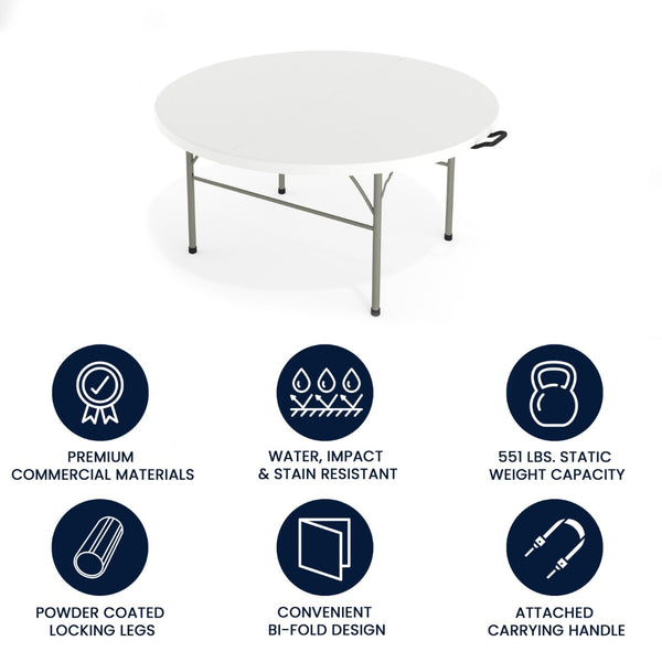 English Elm Scarborough 5-Foot Round Folding Table - Durable, Portable, Easy-Clean Surface for Events & Home Use DAD-154Z-GG