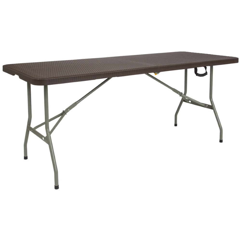 English Elm Park 6-Foot Bi-Fold Rattan-Style Folding Table - Durable, Portable, Perfect for Indoor & Outdoor Events! DAD-FT-180Z-GG