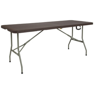 English Elm Park 6-Foot Bi-Fold Rattan-Style Folding Table - Durable, Portable, Perfect for Indoor & Outdoor Events! DAD-FT-180Z-GG