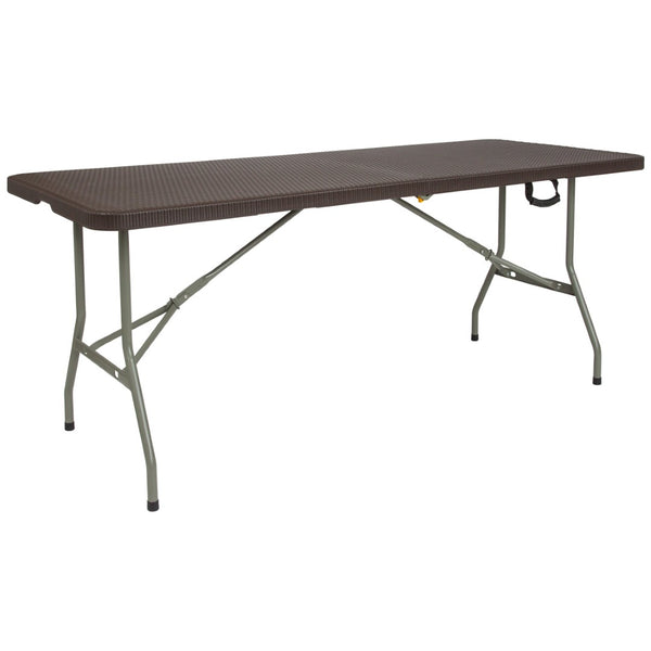 English Elm Park 6-Foot Bi-Fold Rattan-Style Folding Table - Durable, Portable, Perfect for Indoor & Outdoor Events! DAD-FT-180Z-GG