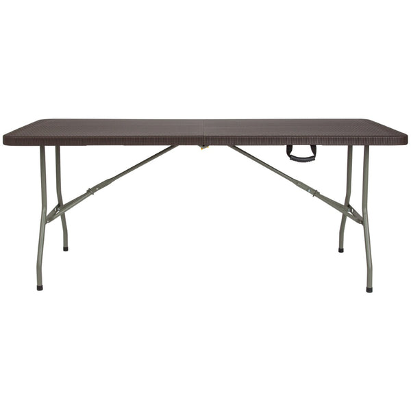 English Elm Park 6-Foot Bi-Fold Rattan-Style Folding Table - Durable, Portable, Perfect for Indoor & Outdoor Events! DAD-FT-180Z-GG