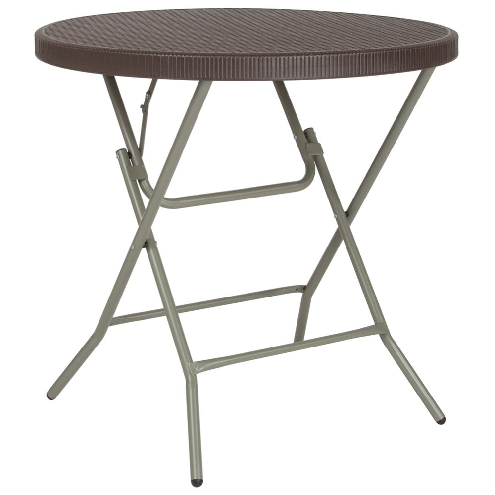 English Elm Trellis 2.6-Foot Round Brown Rattan Folding Table - Stylish, Durable, and Perfect for Any Space! DAD-FT-80R-GG