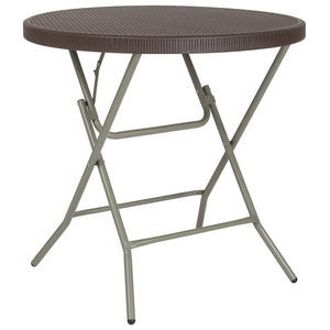 English Elm Trellis 2.6-Foot Round Brown Rattan Folding Table - Stylish, Durable, and Perfect for Any Space! DAD-FT-80R-GG