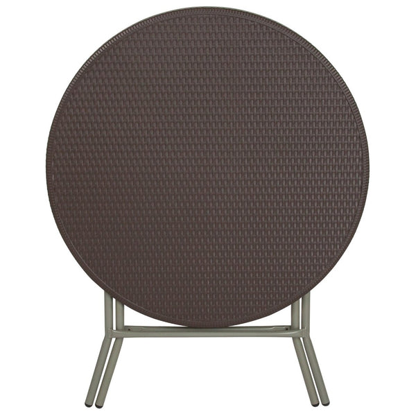 English Elm Trellis 2.6-Foot Round Brown Rattan Folding Table - Stylish, Durable, and Perfect for Any Space! DAD-FT-80R-GG