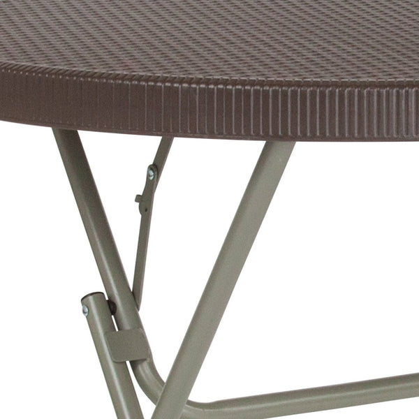 English Elm Trellis 2.6-Foot Round Brown Rattan Folding Table - Stylish, Durable, and Perfect for Any Space! DAD-FT-80R-GG
