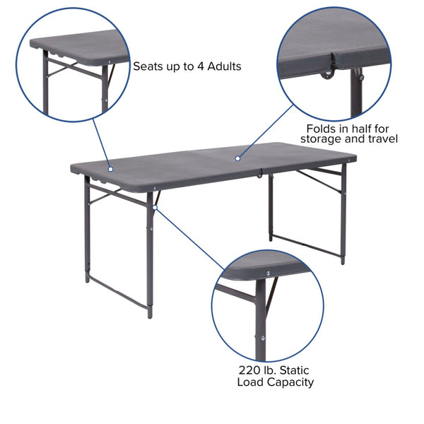 English Elm Mills 4-Foot Height Adjustable Bi-Fold Folding Table for Indoor/Outdoor Use with Carrying Handle Dark Gray 23.5"W x 48.25"L DAD-LF-122Z-DG-GG