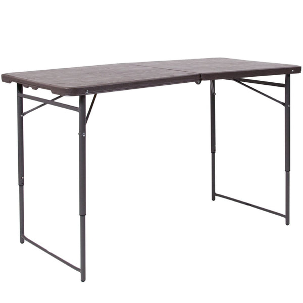 English Elm Mills 4-Foot Height Adjustable Bi-Fold Folding Table for Indoor/Outdoor Use with Carrying Handle Brown 23.5"W x 48.25"L DAD-LF-122Z-GG