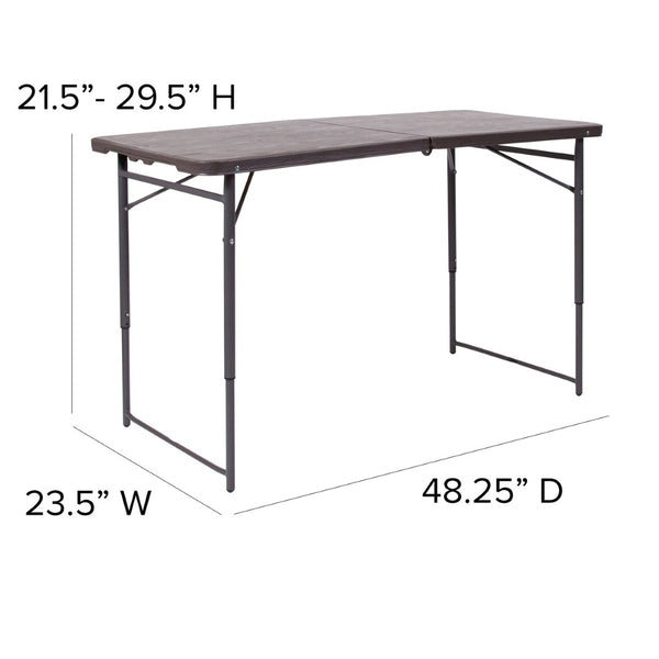 English Elm Mills 4-Foot Height Adjustable Bi-Fold Folding Table for Indoor/Outdoor Use with Carrying Handle Brown 23.5"W x 48.25"L DAD-LF-122Z-GG