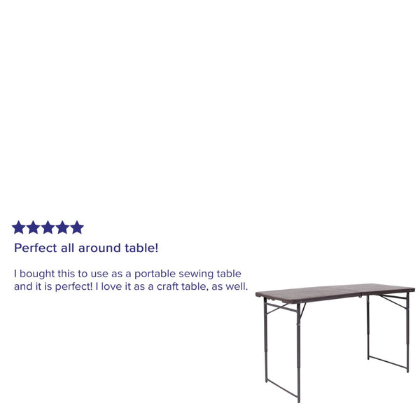 English Elm Mills 4-Foot Height Adjustable Bi-Fold Folding Table for Indoor/Outdoor Use with Carrying Handle Brown 23.5"W x 48.25"L DAD-LF-122Z-GG