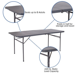 English Elm Elijah 6-Foot Portable Bi-Fold Folding Table with Carrying Handle for Easy Setup and Storage Dark Gray 30"W x 72"L DAD-LF-183Z-DG-GG