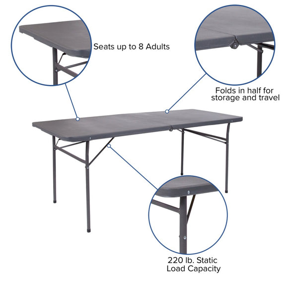 English Elm Elijah 6-Foot Portable Bi-Fold Folding Table with Carrying Handle for Easy Setup and Storage Dark Gray 30"W x 72"L DAD-LF-183Z-DG-GG