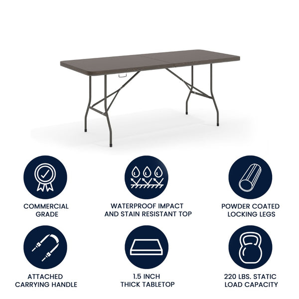 English Elm Elijah 6-Foot Portable Bi-Fold Folding Table with Carrying Handle for Easy Setup and Storage Brown 30"W x 72"L DAD-LF-183Z-GG