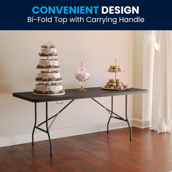 English Elm Elijah 6-Foot Portable Bi-Fold Folding Table with Carrying Handle for Easy Setup and Storage Brown 30"W x 72"L DAD-LF-183Z-GG