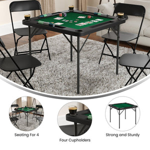 English Elm Silas Folding Card Game Table for 4 Players - Durable, Portable, with Green Felt and Cup Holders Black Top/Green Felt Surface 34.5" Square DAD-MJZ-88-BKGR-GG