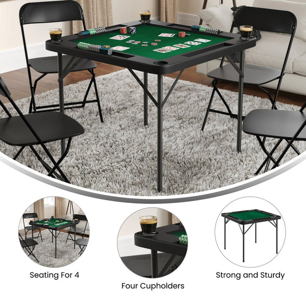English Elm Silas Folding Card Game Table for 4 Players - Durable, Portable, with Green Felt and Cup Holders Black Top/Green Felt Surface 34.5" Square DAD-MJZ-88-BKGR-GG
