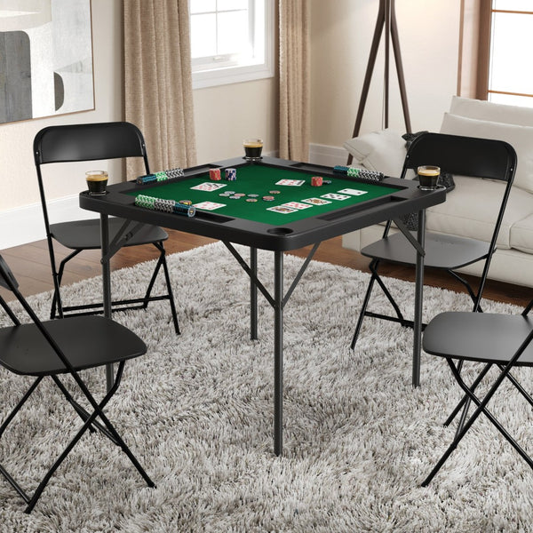 English Elm Silas Folding Card Game Table for 4 Players - Durable, Portable, with Green Felt and Cup Holders Black Top/Green Felt Surface 34.5" Square DAD-MJZ-88-BKGR-GG