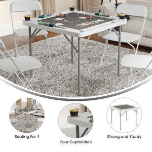 English Elm Silas Folding Card Game Table for 4 Players - Durable, Portable, with Green Felt and Cup Holders White Top/Gray Felt Surface 34.5" Square DAD-MJZ-88-WHGY-GG