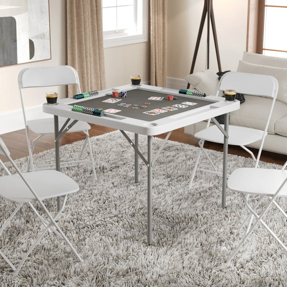 English Elm Silas Folding Card Game Table for 4 Players - Durable, Portable, with Green Felt and Cup Holders White Top/Gray Felt Surface 34.5" Square DAD-MJZ-88-WHGY-GG