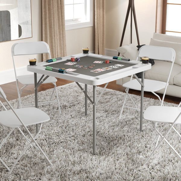 English Elm Silas Folding Card Game Table for 4 Players - Durable, Portable, with Green Felt and Cup Holders White Top/Gray Felt Surface 34.5" Square DAD-MJZ-88-WHGY-GG