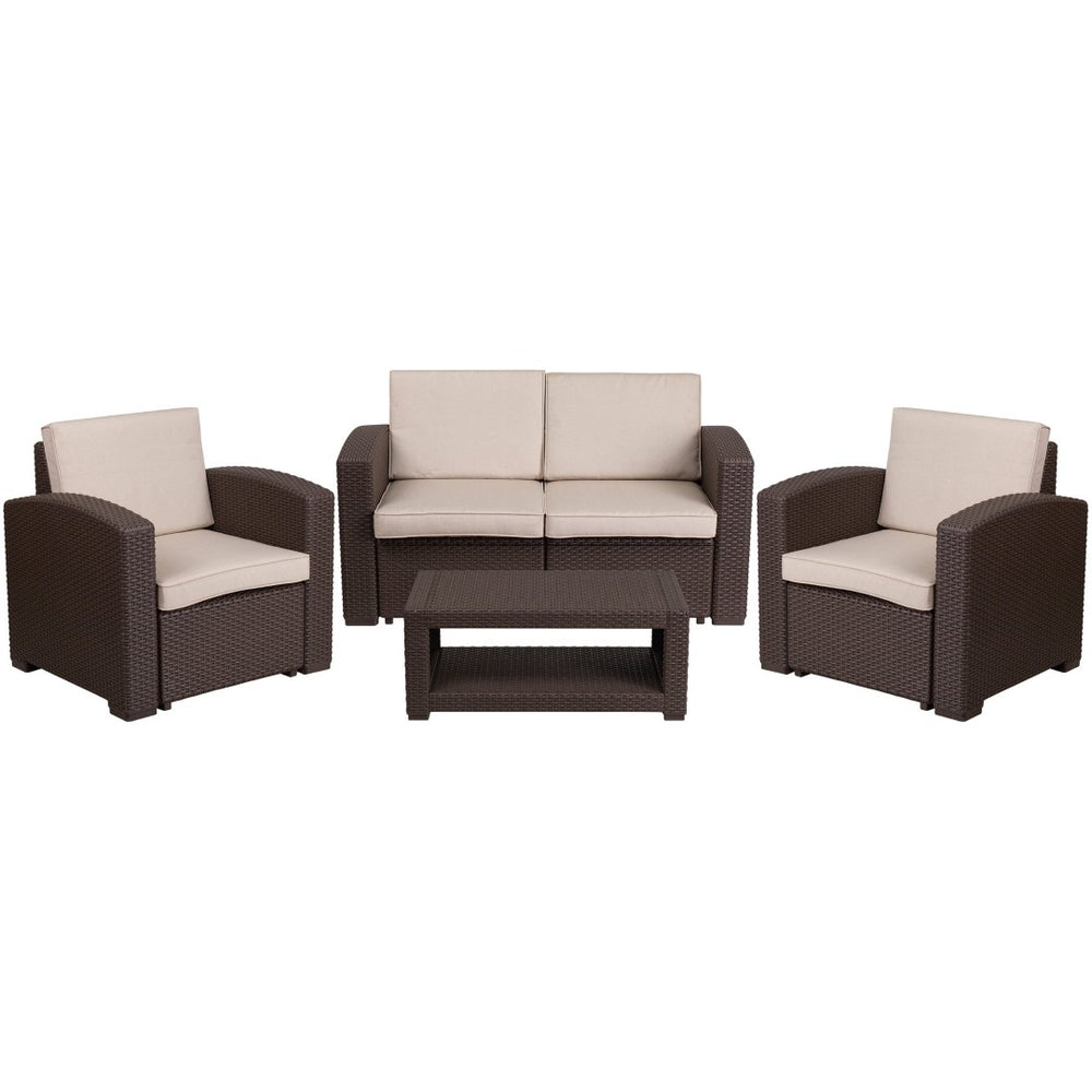 English Elm Seneca 4-Piece Outdoor Faux Rattan Seating Set with Loveseat, Chairs, and Stylish Coffee Table DAD-SF-112T-CBN-GG