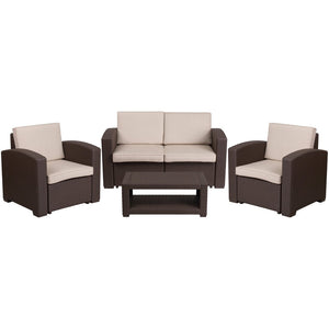 English Elm Seneca 4-Piece Outdoor Faux Rattan Seating Set with Loveseat, Chairs, and Stylish Coffee Table DAD-SF-112T-CBN-GG