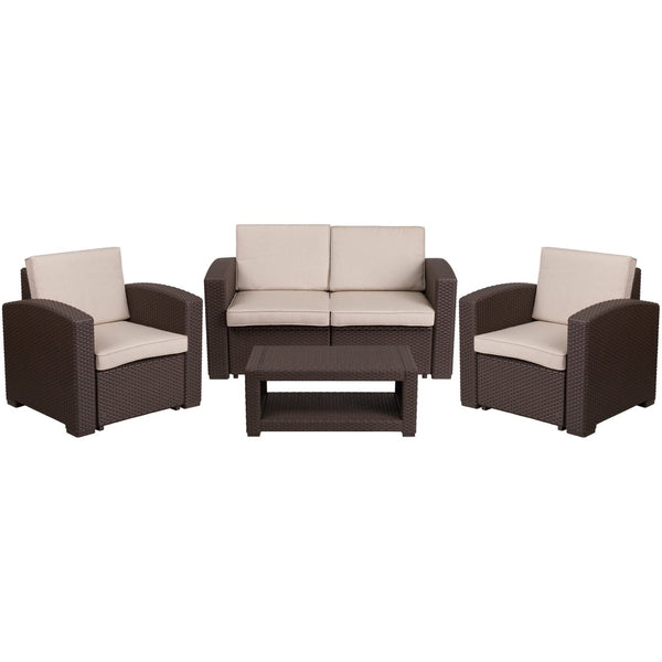 English Elm Seneca 4-Piece Outdoor Faux Rattan Seating Set with Loveseat, Chairs, and Stylish Coffee Table DAD-SF-112T-CBN-GG