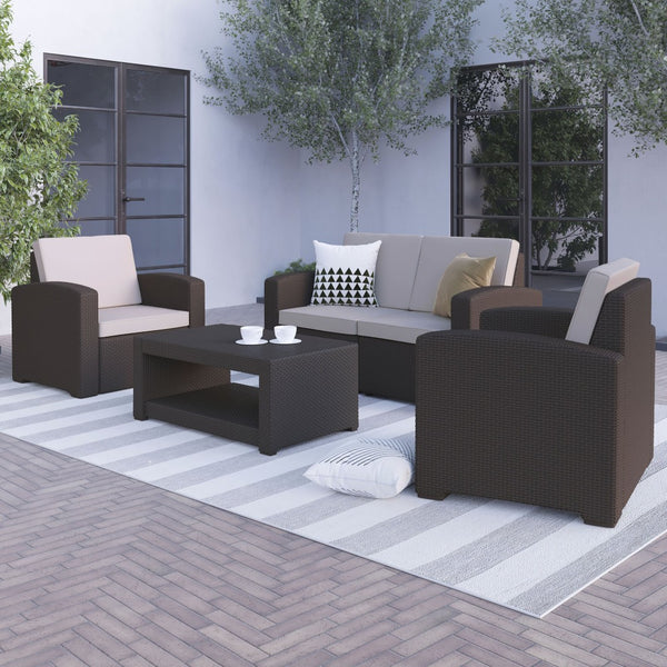 English Elm Seneca 4-Piece Outdoor Faux Rattan Seating Set with Loveseat, Chairs, and Stylish Coffee Table DAD-SF-112T-CBN-GG