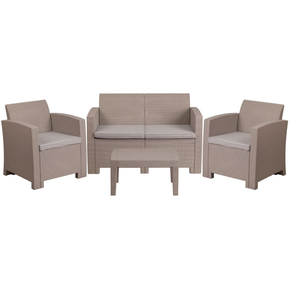 English Elm Seneca 4-Piece Outdoor Faux Rattan Seating Set with Comfortable Chairs, Loveseat & Coffee Table Light Gray DAD-SF-112T-CRC-GG