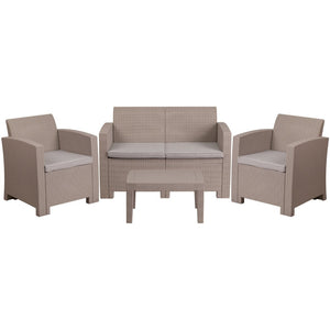 English Elm Seneca 4-Piece Outdoor Faux Rattan Seating Set with Comfortable Chairs, Loveseat & Coffee Table Light Gray DAD-SF-112T-CRC-GG