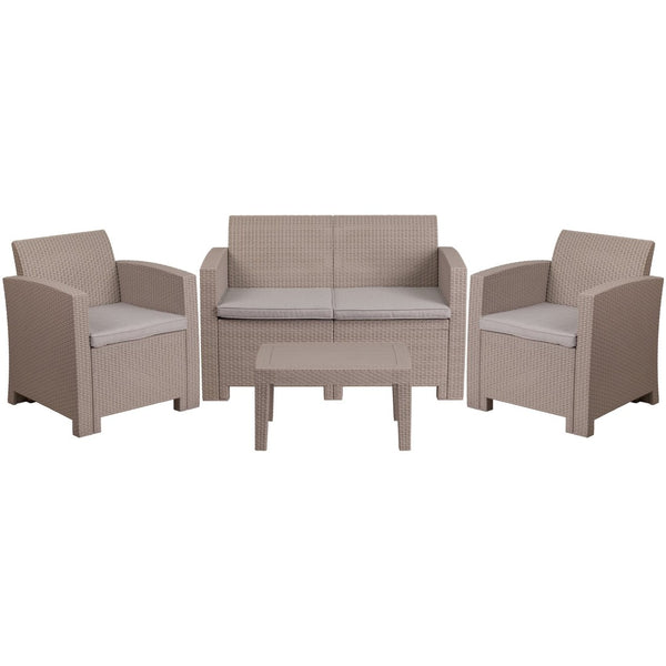 English Elm Seneca 4-Piece Outdoor Faux Rattan Seating Set with Comfortable Chairs, Loveseat & Coffee Table Light Gray DAD-SF-112T-CRC-GG