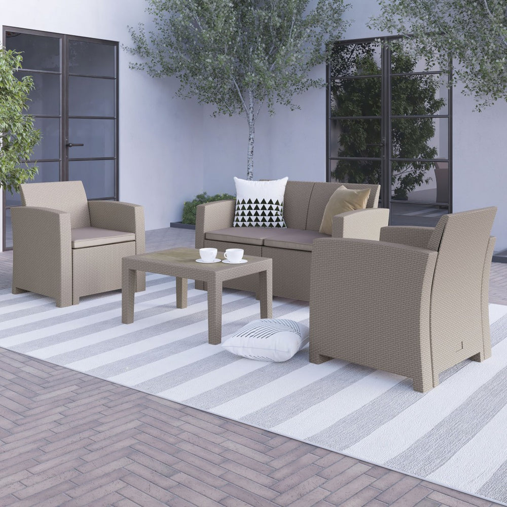 English Elm Seneca 4-Piece Outdoor Faux Rattan Seating Set with Comfortable Chairs, Loveseat & Coffee Table Light Gray DAD-SF-112T-CRC-GG