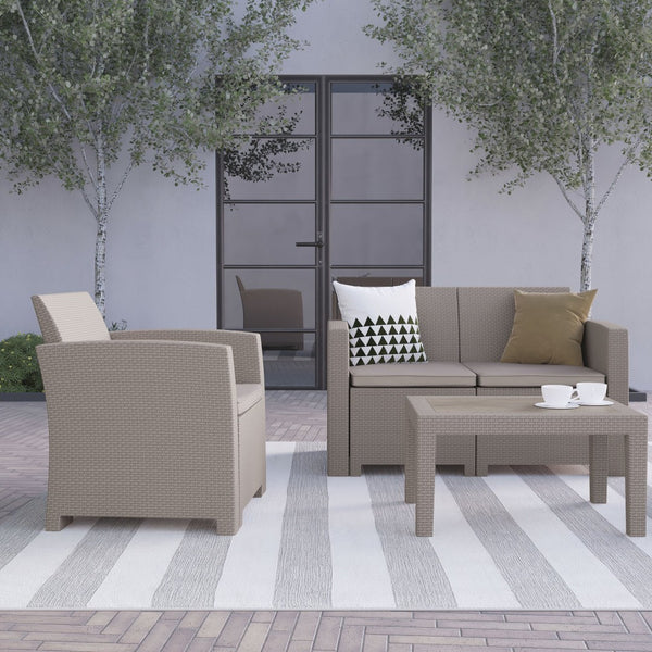 English Elm Seneca 4-Piece Outdoor Faux Rattan Seating Set with Comfortable Chairs, Loveseat & Coffee Table Light Gray DAD-SF-112T-CRC-GG
