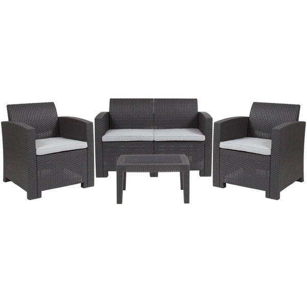 English Elm Seneca 4-Piece Outdoor Faux Rattan Seating Set with Comfortable Chairs, Loveseat & Coffee Table Dark Gray DAD-SF-112T-DKGY-GG