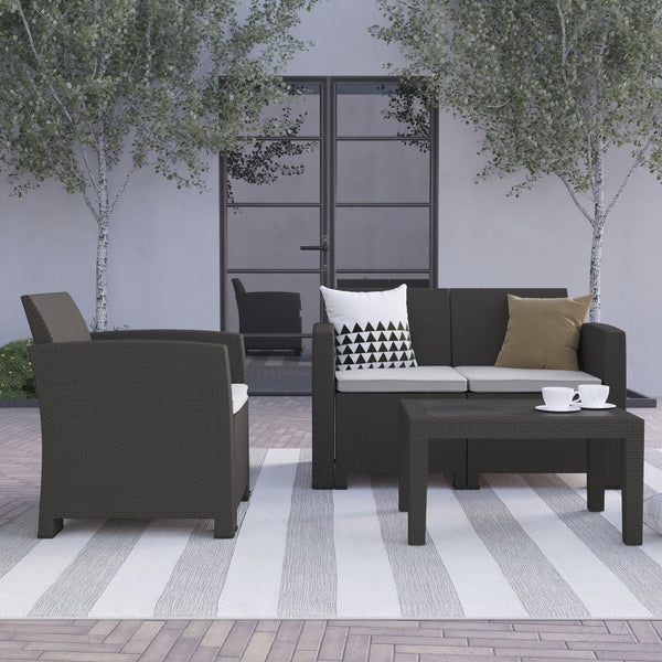 English Elm Seneca 4-Piece Outdoor Faux Rattan Seating Set with Comfortable Chairs, Loveseat & Coffee Table Dark Gray DAD-SF-112T-DKGY-GG
