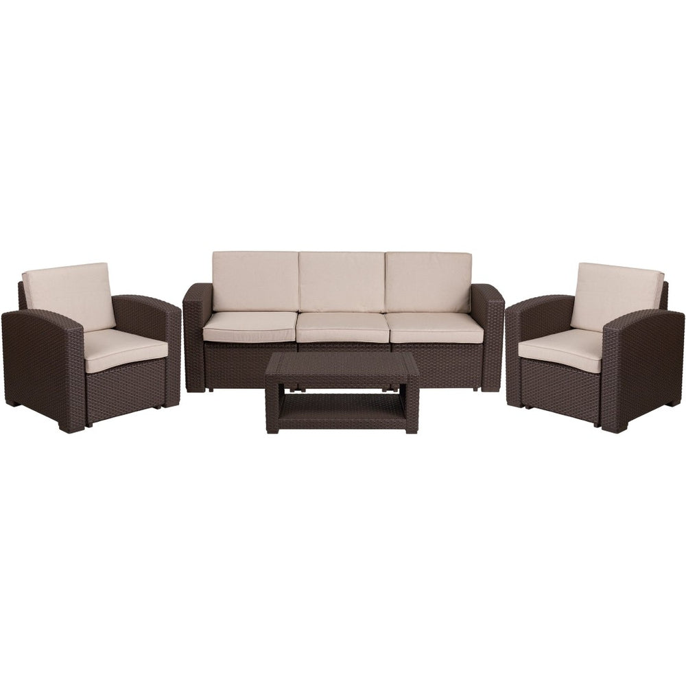 English Elm Seneca 4-Piece Outdoor Faux Rattan Seating Set with Comfortable Cushions & Stylish Coffee Table DAD-SF-113R-CBN-GG