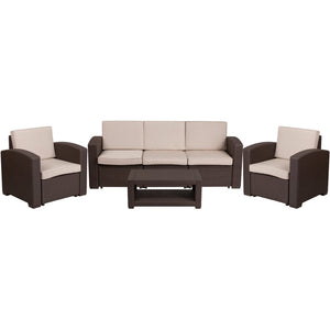 English Elm Seneca 4-Piece Outdoor Faux Rattan Seating Set with Comfortable Cushions & Stylish Coffee Table DAD-SF-113R-CBN-GG