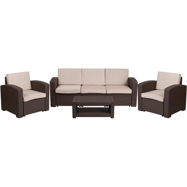 English Elm Seneca 4-Piece Outdoor Faux Rattan Seating Set with Comfortable Cushions & Stylish Coffee Table DAD-SF-113R-CBN-GG