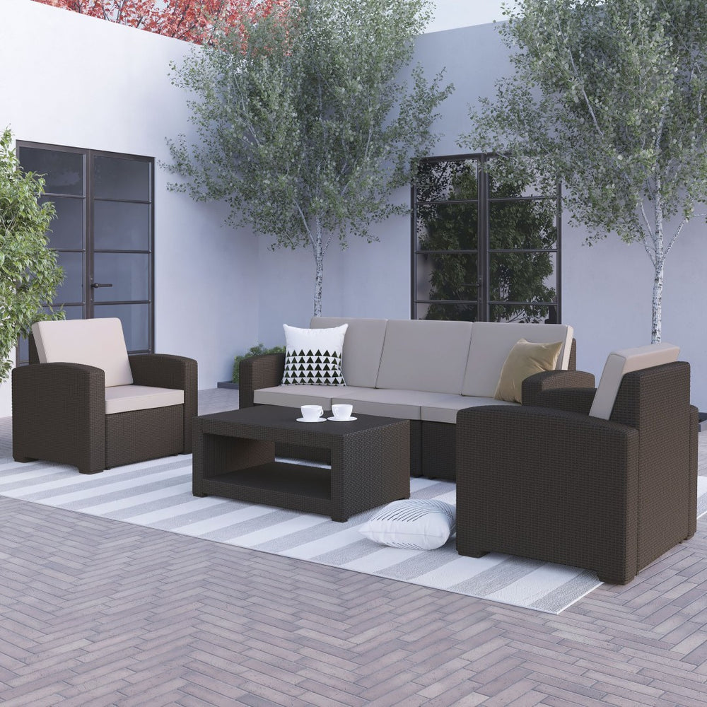 English Elm Seneca 4-Piece Outdoor Faux Rattan Seating Set with Comfortable Cushions & Stylish Coffee Table DAD-SF-113R-CBN-GG