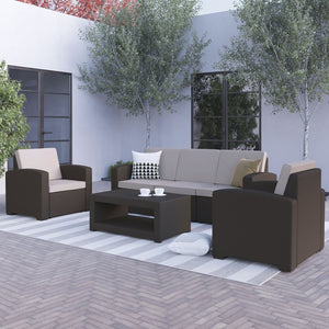 English Elm Seneca 4-Piece Outdoor Faux Rattan Seating Set with Comfortable Cushions & Stylish Coffee Table DAD-SF-113R-CBN-GG