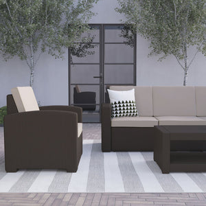English Elm Seneca 4-Piece Outdoor Faux Rattan Seating Set with Comfortable Cushions & Stylish Coffee Table DAD-SF-113R-CBN-GG