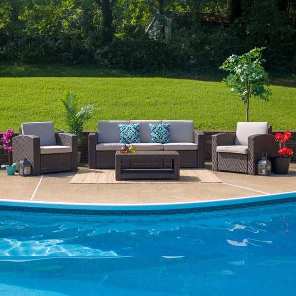 English Elm Seneca 4-Piece Outdoor Faux Rattan Seating Set with Comfortable Cushions & Stylish Coffee Table DAD-SF-113R-CBN-GG