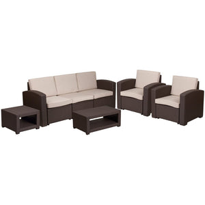 English Elm Seneca 5-Piece Outdoor Faux Rattan Chair and Sofa Set with Stylish Chocolate Brown Finish DAD-SF-113RS-CBN-GG