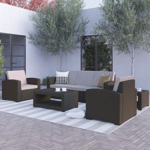 English Elm Seneca 5-Piece Outdoor Faux Rattan Chair and Sofa Set with Stylish Chocolate Brown Finish DAD-SF-113RS-CBN-GG
