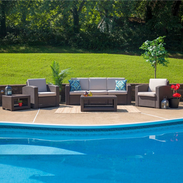 English Elm Seneca 5-Piece Outdoor Faux Rattan Chair and Sofa Set with Stylish Chocolate Brown Finish DAD-SF-113RS-CBN-GG