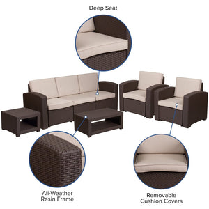 English Elm Seneca 5-Piece Outdoor Faux Rattan Chair and Sofa Set with Stylish Chocolate Brown Finish DAD-SF-113RS-CBN-GG