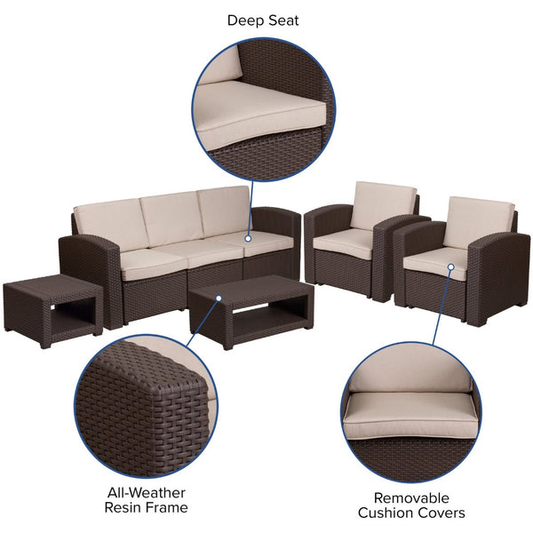English Elm Seneca 5-Piece Outdoor Faux Rattan Chair and Sofa Set with Stylish Chocolate Brown Finish DAD-SF-113RS-CBN-GG