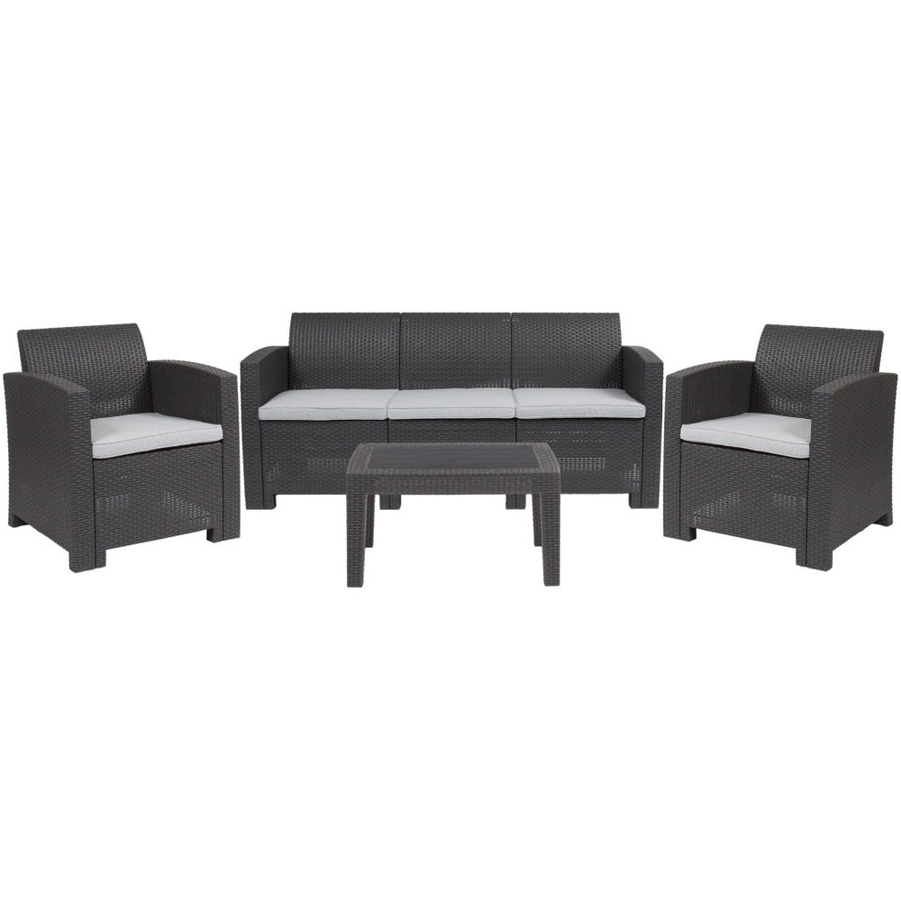 English Elm Seneca 4 Piece Outdoor Seating Set with Faux Rattan Chairs, Sofa & Table - Modern Comfort & Style DAD-SF-113T-DKGY-GG