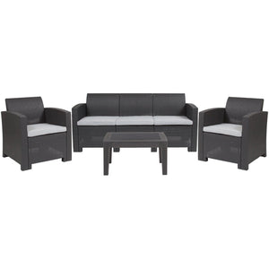 English Elm Seneca 4 Piece Outdoor Seating Set with Faux Rattan Chairs, Sofa & Table - Modern Comfort & Style DAD-SF-113T-DKGY-GG