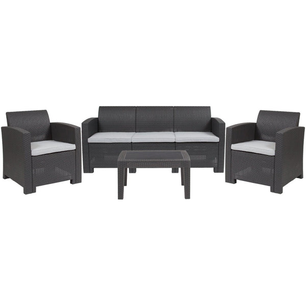 English Elm Seneca 4 Piece Outdoor Seating Set with Faux Rattan Chairs, Sofa & Table - Modern Comfort & Style DAD-SF-113T-DKGY-GG
