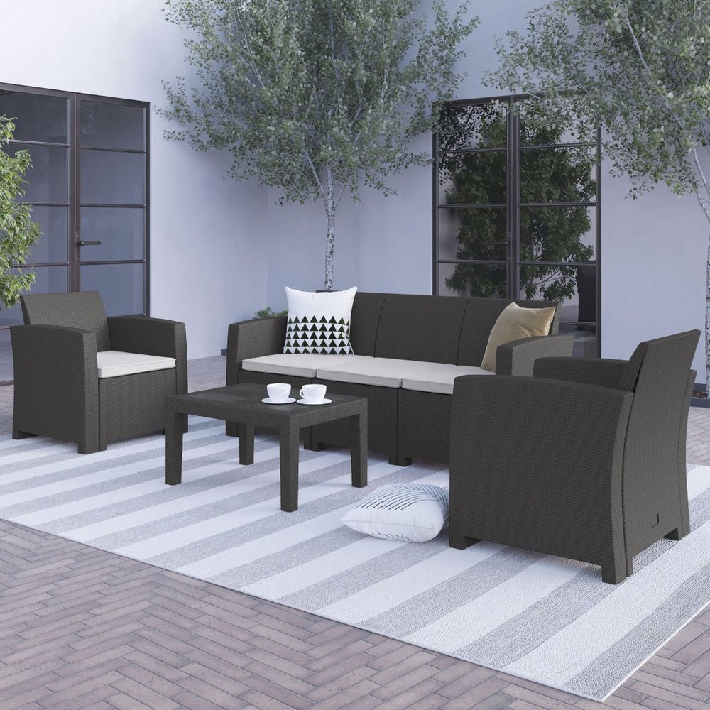 English Elm Seneca 4 Piece Outdoor Seating Set with Faux Rattan Chairs, Sofa & Table - Modern Comfort & Style DAD-SF-113T-DKGY-GG